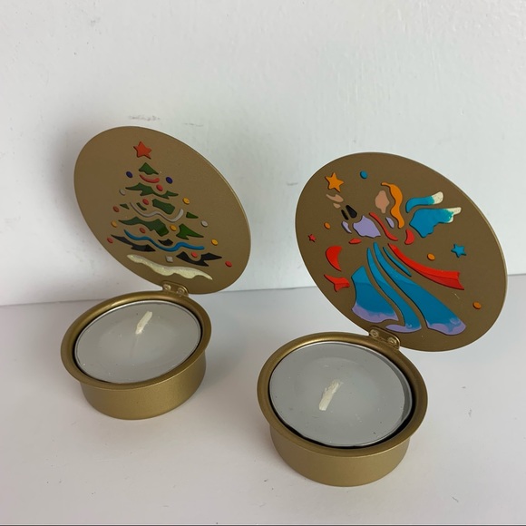 Käthe Wohlfahrt Stained Glass Metal Tea Light Lidded Candle Holders Angel & Tree - Picture 2 of 8